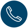 white outline of a telephone handset in a dark blue circle