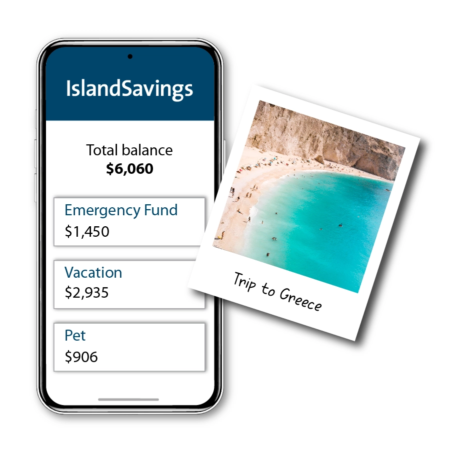 image of banking app and photo of a beach