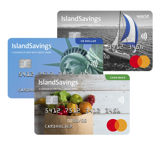 a stack of 3 Island Savings personal credit cards